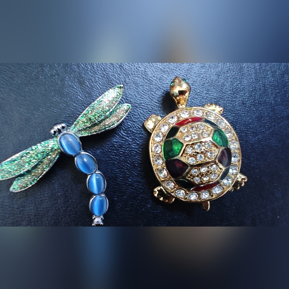 Turtle And Dragonfly Brooch/Pins With Multicolor Gemstones